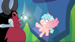 Size: 1680x944 | Tagged: safe, screencap, cozy glow, lord tirek, alicorn, centaur, pony, g4, the ending of the end, alicornified, animation error, bow, cozycorn, duo, faic, great moments in animation, grogar's bell, race swap, tail bow, wat