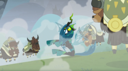 Size: 1675x941 | Tagged: safe, screencap, queen chrysalis, yvette, changeling, changeling queen, yak, g4, the ending of the end, female, jumping, yak stomp