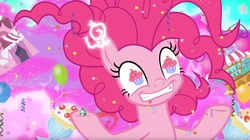 Size: 1677x942 | Tagged: safe, screencap, pinkie pie, earth pony, pony, g4, the ending of the end, balloon, chaos pinkie, confetti, cupcake, food, giant pony, grogar's bell, macro, run for your lives, wingding eyes, xk-class end-of-the-world scenario