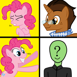 Size: 1300x1300 | Tagged: safe, pinkie pie, oc, oc:anon, oc:copper plume, human, pony, g4, female, glasses, hotline bling, male, meme, op is a duck, op is trying to start shit
