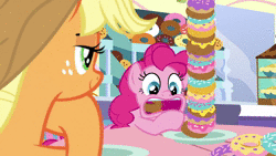 Size: 1920x1080 | Tagged: safe, screencap, applejack, pinkie pie, earth pony, pony, g4, the ending of the end, animated, donut, eating, female, food, imminent weight gain, sound, webm