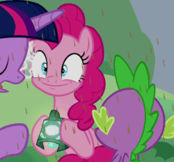 Size: 386x359 | Tagged: safe, screencap, pinkie pie, spike, twilight sparkle, alicorn, dragon, earth pony, pony, g4, season 9, the ending of the end, animated, chaos magic, chocolate, chocolate rain, cropped, duo, electricity, faic, female, food, frown, gif, glowing, grogar's bell, hoof hold, lightning, looking back, magic, male, mare, rain, run for your lives, trio, twilight sparkle (alicorn), vibrating, wide eyes, worried, xk-class end-of-the-world scenario