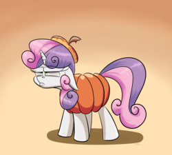 Size: 2000x1800 | Tagged: safe, artist:rocket-lawnchair, sweetie belle, pony, unicorn, g4, clothes, costume, female, filly, food, food costume, nightmare night, pumpkin, pumpkin costume, solo, squint, sweetie belle is not amused, unamused