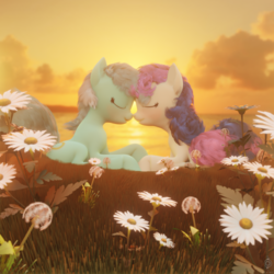 Size: 3840x3840 | Tagged: safe, artist:bckiwi, bon bon, lyra heartstrings, sweetie drops, pony, g4, the big mac question, 3d, beautiful, boop, canon ship, cutie mark, duo, eyes closed, female, flower, fluffy, fluffy hair, grass, happy birthday mlp:fim, high res, lesbian, mare, mlp fim's ninth anniversary, nose wrinkle, noseboop, not sfm, outdoors, revamped ponies, ship:lyrabon, shipping, sitting, smiling, sunset