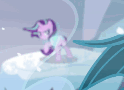 Size: 500x363 | Tagged: safe, screencap, queen chrysalis, starlight glimmer, changeling, pony, unicorn, g4, the ending of the end, animated, cropped, female, mare, smug, smuglight glimmer, snow, solo focus, wind, windswept mane