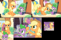Size: 2476x1612 | Tagged: safe, edit, edited screencap, screencap, applejack, spike, dragon, earth pony, pony, g4, the ending of the end, the last problem, female, male, mare, ship:applespike, shipping, shipping fuel, straight