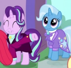 Size: 278x266 | Tagged: safe, screencap, apple bloom, starlight glimmer, trixie, pony, unicorn, g4, the last problem, all is well, bags under eyes, blazer, clothes, collar, counselor trixie, cropped, cuffs (clothes), cute, diatrixes, duo focus, female, happy, happy ending, headmare starlight, mare, older starlight glimmer, older trixie, raised hoof, smiling, suit, waving