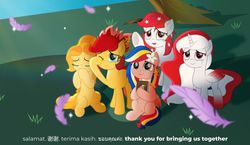 Size: 1024x592 | Tagged: safe, artist:jhayarr23, oc, oc:indonisty, oc:kwankao, oc:pearl shine, oc:rosa blossomheart, oc:temmy, alicorn, earth pony, pegasus, pony, crying, end of ponies, female, indonesia, malaysia, mare, movie accurate, nation ponies, philippines, ponified, singapore, thailand