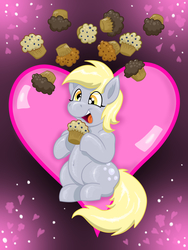 Size: 2448x3264 | Tagged: safe, artist:wispy tuft, derpy hooves, pegasus, pony, g4, bubble, chubby, cross-eyed, cute, derpabetes, female, food, happy, happy birthday mlp:fim, heart, high res, love, mlp fim's ninth anniversary, muffin, solo, thrilled