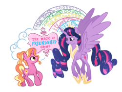 Size: 900x675 | Tagged: safe, artist:santamouse23, applejack, fluttershy, luster dawn, pinkie pie, rainbow dash, rarity, twilight sparkle, alicorn, pony, unicorn, g4, season 9, the last problem, duo, flowing mane, mane six, older, older twilight, older twilight sparkle (alicorn), ponytail, princess twilight 2.0, rainbow, text, the magic of friendship grows, twilight sparkle (alicorn)