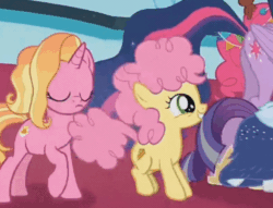 Size: 772x590 | Tagged: safe, screencap, li'l cheese, luster dawn, pinkie pie, rarity, spike, twilight sparkle, alicorn, dragon, earth pony, pony, unicorn, g4, the last problem, animated, butt, colt, cropped, cute, dubious gender, female, foal, gif, hopping, li'l cuteese, male, mare, mother, older, plot, pronking, twilight sparkle (alicorn)
