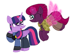 Size: 1440x1080 | Tagged: safe, artist:徐詩珮, fizzlepop berrytwist, tempest shadow, twilight sparkle, alicorn, pony, unicorn, g4, artificial wings, augmented, broken horn, clothes, cosplay, costume, crossover, female, horn, judy hopps, lesbian, magic, magic wings, mare, nick wilde, ship:tempestlight, shipping, simple background, transparent background, twilight sparkle (alicorn), wings, zootopia