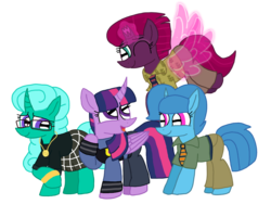 Size: 1440x1080 | Tagged: safe, artist:徐詩珮, fizzlepop berrytwist, glitter drops, spring rain, tempest shadow, twilight sparkle, alicorn, pony, unicorn, series:sprglitemplight diary, g4, artificial wings, augmented, broken horn, clothes, cosplay, costume, crossover, dawn bellwether, disney villains, female, flash slothmore, glasses, horn, judy hopps, lesbian, magic, magic wings, mare, nick wilde, polyamory, ship:glitterlight, ship:glittershadow, ship:sprglitemplight, ship:springdrops, ship:springlight, ship:springshadow, ship:springshadowdrops, ship:tempestlight, shipping, simple background, transparent background, twilight sparkle (alicorn), wings, zootopia
