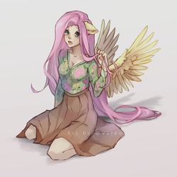 Size: 1000x1000 | Tagged: safe, artist:valentina_212004, fluttershy, human, g4, eared humanization, female, humanized, kneeling, solo, winged humanization, wings