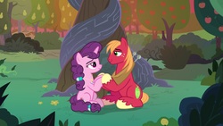 Size: 1920x1080 | Tagged: safe, screencap, big macintosh, sugar belle, earth pony, pony, g4, the big mac question, apple, apple tree, female, holding hooves, intertwined trees, male, mare, pear tree, rock, ship:sugarmac, shipping, stallion, straight, tree