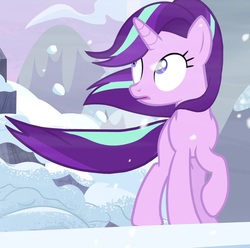 Size: 1088x1078 | Tagged: safe, screencap, starlight glimmer, pony, unicorn, g4, the ending of the end, cropped, female, mare, snow, solo, wind, windswept mane