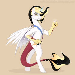 Size: 1000x1000 | Tagged: safe, artist:shadobabe, oc, oc only, oc:prince pax, draconequus, hybrid, bipedal, chest fluff, draconequus oc, grin, interspecies offspring, male, offspring, parent:discord, parent:princess celestia, parents:dislestia, simple background, smiling, snap, solo