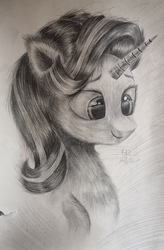 Size: 1736x2650 | Tagged: safe, artist:henry forewen, starlight glimmer, pony, unicorn, g4, bust, female, fluffy, grayscale, monochrome, sidemouth, sketch, smiling, solo, traditional art