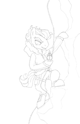 Size: 522x800 | Tagged: safe, artist:shadobabe, doctor caballeron, earth pony, pony, g4, boots, climbing, clothes, jacket, lineart, male, monochrome, mountain climbing, parka, rope, shoes, simple background, solo, stallion, traditional art, white background, wip