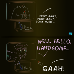 Size: 500x501 | Tagged: safe, artist:quint-t-w, rosemary, human, pony, g4, bathroom, candle, clothes, comic, creepy, dialogue, elderly, gradient background, hoodie, mirror, older, scared, summoning
