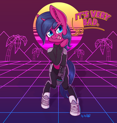 Size: 2560x2686 | Tagged: safe, artist:dsp2003, oc, oc:fizzy pop, pony, unicorn, bipedal, clothes, commission, costume, female, high res, looking at you, mare, open mouth, outrun, palm tree, power glove, pyramid, shoes, signature, sneakers, solo, sunset, tree, vaporwave, wireframe