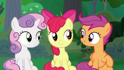 Size: 1920x1080 | Tagged: safe, screencap, apple bloom, scootaloo, sweetie belle, earth pony, pony, g4, the big mac question, cutie mark crusaders