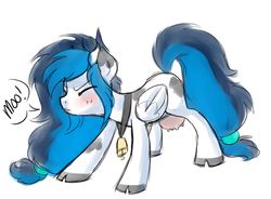 Size: 1024x752 | Tagged: safe, artist:xnightmelody, oc, oc only, oc:melody breeze, cow, cow pony, pegasus, pony, bell, blushing, cowbell, solo, udder