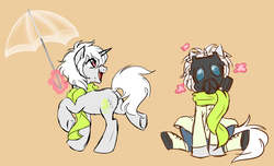 Size: 1024x623 | Tagged: safe, artist:xnightmelody, pony, unicorn, clear, clothes, dramatical murder, duo, gas mask, looking up, magic, mask, ponified, scarf, simple background, sitting, telekinesis, umbrella
