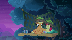 Size: 1280x720 | Tagged: safe, screencap, apple bloom, applejack, earth pony, pony, g4, going to seed, binoculars, smiling