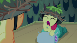 Size: 1280x720 | Tagged: safe, screencap, apple bloom, applejack, earth pony, pony, g4, going to seed, cute, eyes closed, mawshot, open mouth, uvula, yawn