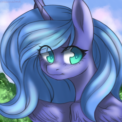 Size: 1024x1024 | Tagged: safe, artist:cottonaime, princess luna, alicorn, pony, g4, female, looking back, s1 luna, simple background, smiling, solo