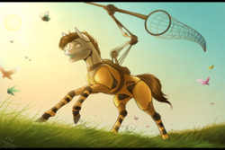 Size: 1024x683 | Tagged: safe, artist:bootsdotexe, oc, oc only, android, butterfly, pony, robot, robot pony, butterfly net, male, net, solo