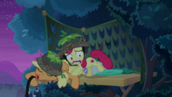 Size: 1920x1080 | Tagged: safe, screencap, apple bloom, applejack, earth pony, pony, g4, going to seed, binoculars, drool, female, filly, mare, pillow, sleeping, snoring