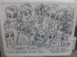 Size: 4208x3120 | Tagged: safe, apple bloom, applejack, fluttershy, pinkie pie, rainbow dash, rarity, scootaloo, spike, starlight glimmer, sunset shimmer, sweetie belle, trixie, twilight sparkle, alicorn, pony, g4, end of ponies, happy birthday mlp:fim, mlp fim's ninth anniversary, photo, the ride never ends, traditional art, twilight sparkle (alicorn), white board