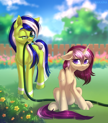 Size: 2300x2615 | Tagged: safe, artist:hakaina, oc, oc only, oc:lannie lona, oc:miles bright, pony, belly, bush, cloud, female, fence, flower, garden, glasses, grass, high res, hose, mare, one eye closed, sitting, sky, smiling, standing, wet, wet mane, wink