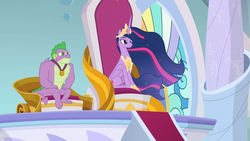 Size: 1280x720 | Tagged: safe, screencap, spike, twilight sparkle, alicorn, dragon, pony, g4, the last problem, canterlot throne room, crown, ethereal mane, gigachad spike, jewelry, magic, older, older spike, older twilight, older twilight sparkle (alicorn), princess twilight 2.0, regalia, royal advisor, throne, twilight sparkle (alicorn), winged spike, wings