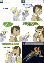 Size: 1562x2254 | Tagged: safe, artist:jitterbugjive, derpy hooves, doctor whooves, time turner, earth pony, pegasus, pony, lovestruck derpy, g4, ask, blushing, doctor who, explosion, female, hug, male, mare, necktie, space, spaceship, stallion, the doctor, tumblr