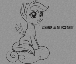 Size: 1134x968 | Tagged: safe, artist:cosmonaut, scootaloo, pegasus, pony, g4, cloud, cute, dialogue, female, filly, happy, mlpg, monochrome, sitting, sitting on a cloud, solo
