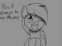 Size: 1310x968 | Tagged: safe, artist:cosmonaut, derpy hooves, pegasus, pony, g4, cute, dialogue, female, mare, mlpg, monochrome, one eye closed, smiling, solo