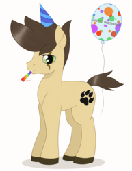 Size: 1563x2027 | Tagged: safe, artist:dyonys, oc, oc only, oc:night chaser, earth pony, pony, balloon, hat, looking at you, male, party hat, party horn, scar, simple background, solo, stallion, standing, white background