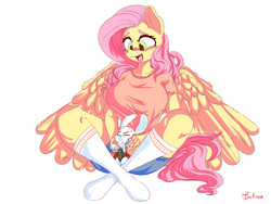 Size: 2000x1500 | Tagged: safe, artist:velcius, angel bunny, fluttershy, pegasus, rabbit, vampire, anthro, g4, animal, big breasts, breasts, busty fluttershy, clothes, dress, huge breasts