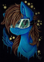 Size: 1730x2448 | Tagged: safe, artist:julunis14, oc, oc:blue scroll, pegasus, pony, bust, goggles, looking at you, male, portrait, traditional art