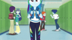 Size: 444x250 | Tagged: safe, screencap, blueberry cake, curly winds, drama letter, rainbow dash, some blue guy, watermelody, wiz kid, equestria girls, equestria girls series, g4, run to break free, spoiler:eqg series (season 2), animated, backpack, canterlot high, converse, cute, dashabetes, eyes closed, geode of super speed, gif, hallway, head scratch, lidded eyes, looking at you, magical geodes, rainbow dash is not amused, sad, sadorable, shoes, singing, solo focus, talking, unamused, walking