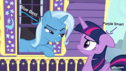 Size: 640x360 | Tagged: safe, edit, edited screencap, screencap, trixie, twilight sparkle, alicorn, pony, unicorn, g4, to where and back again, 1000 hours in ms paint, animated, arrow, blue best, female, gif, gifs.com, purple smart, trixie's wagon, twilight sparkle (alicorn)