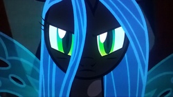 Size: 2560x1440 | Tagged: safe, screencap, queen chrysalis, changeling, frenemies (episode), g4, female, former queen chrysalis, looking at you, picture of a screen, solo