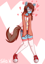 Size: 2893x4092 | Tagged: safe, artist:koizumisho, oc, oc:blue scroll, anthro, clothes, female, goggles, heart, hoodie, love, rule 63, socks