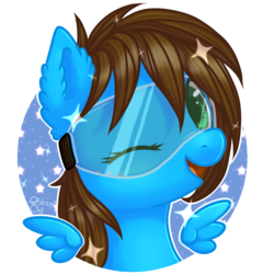 Size: 3000x3000 | Tagged: safe, artist:0okami-0ni, oc, oc only, oc:blue scroll, pegasus, pony, bust, female, floating wings, goggles, high res, looking at you, one eye closed, rule 63, simple background, solo, transparent background, wings, wink