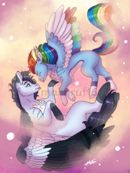Size: 900x1200 | Tagged: safe, artist:malinraf1615, rainbow dash, soarin', pegasus, pony, alternate design, chest fluff, cloud, colored wings, cute, dashabetes, eye contact, female, flying, looking at each other, male, mare, missing cutie mark, multicolored wings, pale belly, rainbow wings, shipping, soarinbetes, soarindash, stallion, straight, tongue out, watermark, wings