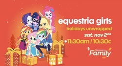Size: 1449x790 | Tagged: safe, screencap, applejack, fluttershy, pinkie pie, rainbow dash, rarity, sci-twi, sunset shimmer, twilight sparkle, equestria girls, equestria girls specials, g4, my little pony equestria girls: better together, my little pony equestria girls: holidays unwrapped, discovery family, discovery family logo, female, humane five, humane seven, humane six, pony history, promo