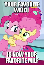 Size: 552x820 | Tagged: safe, edit, edited screencap, screencap, li'l cheese, pinkie pie, earth pony, pony, g4, the last problem, candy, cropped, female, filly, foal, food, mama pinkie, mare, meme, milf, mother, older, older pinkie pie, text, waifu